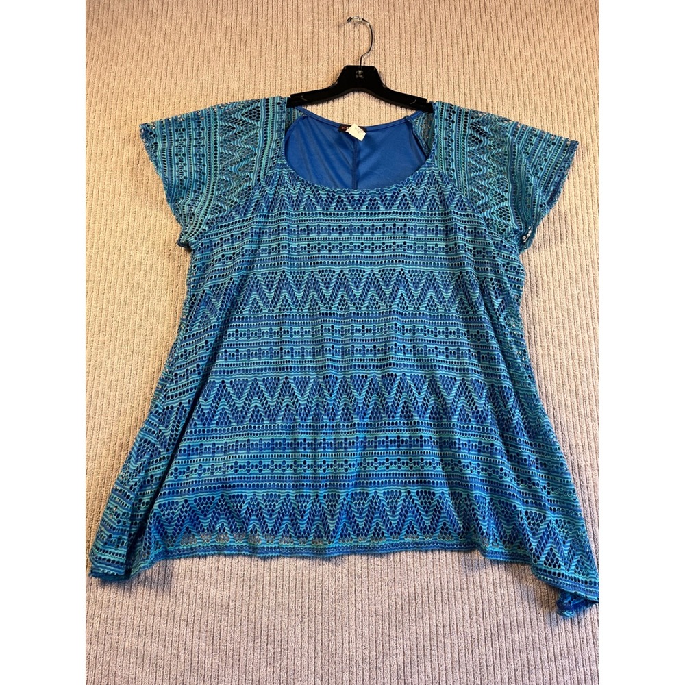 Cocomo Top Womens 3X Blue Turquoise Geometric Eyelet Lace Sharkbite Blouse